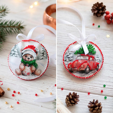 Perlen-Stickset Weihnachtsanhänger • Teddybär & Auto mit Tannenbaum - PerlineBeads SA