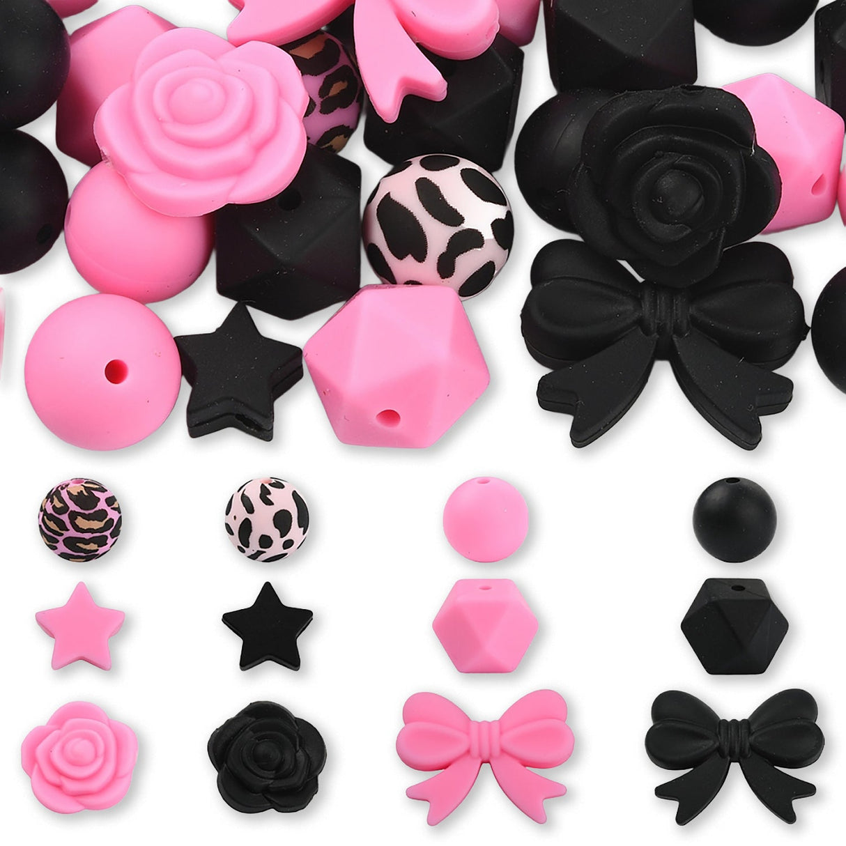 Pink & Schwarz Perlenset – Rosen, Schleifen & Leo-Print, 40-teilig - PerlineBeads SA