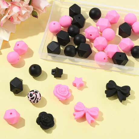 Pink & Schwarz Perlenset – Rosen, Schleifen & Leo-Print, 40-teilig - PerlineBeads SA