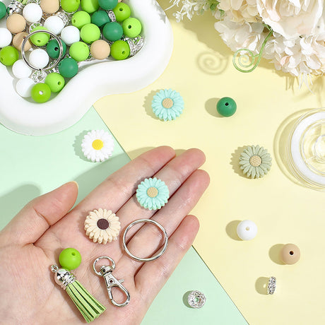 Schlüsselanhänger DIY-Set – Gänseblümchen, Grün, 89-teilig + Faden - PerlineBeads SA