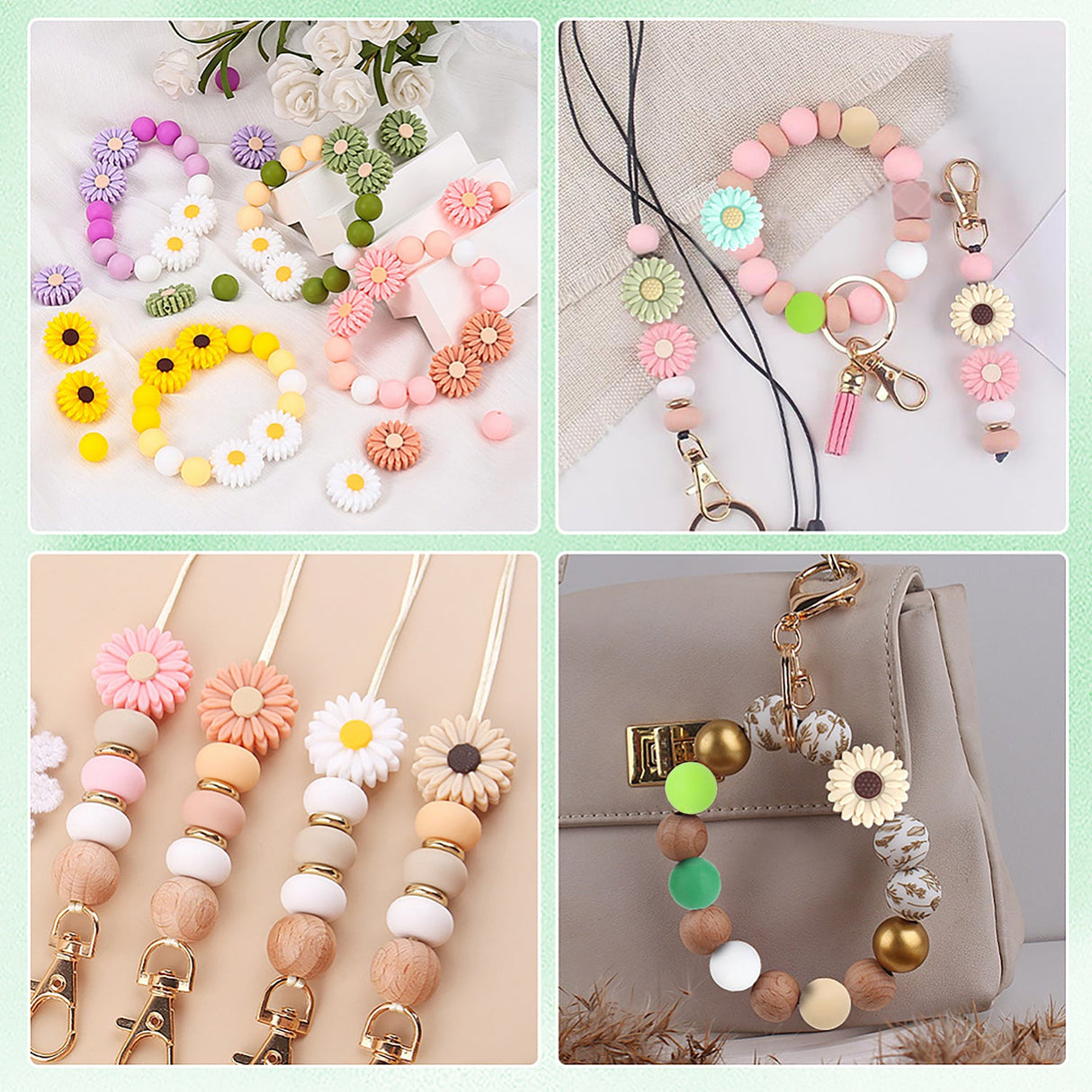 Schlüsselanhänger DIY-Set – Gänseblümchen, Grün, 89-teilig + Faden - PerlineBeads SA