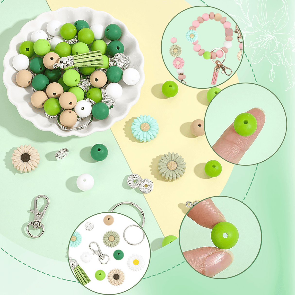 Schlüsselanhänger DIY-Set – Gänseblümchen, Grün, 89-teilig + Faden - PerlineBeads SA