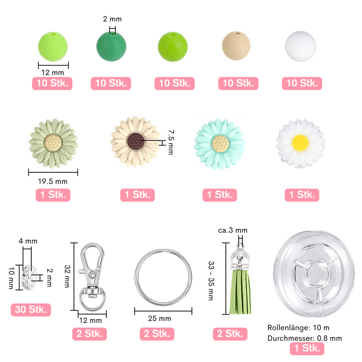 Schlüsselanhänger DIY-Set – Gänseblümchen, Grün, 89-teilig + Faden - PerlineBeads SA