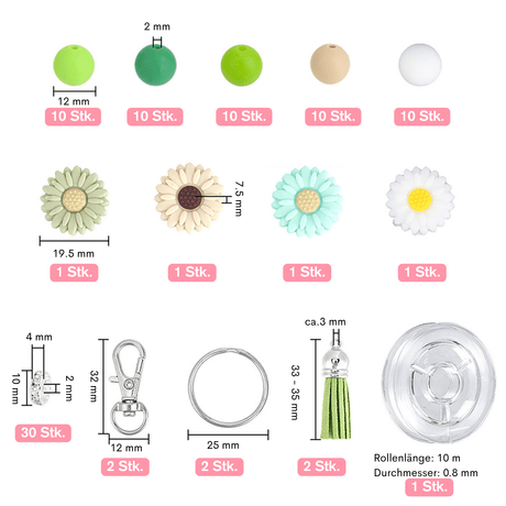Schlüsselanhänger DIY-Set – Gänseblümchen, Grün, 89-teilig + Faden - PerlineBeads SA