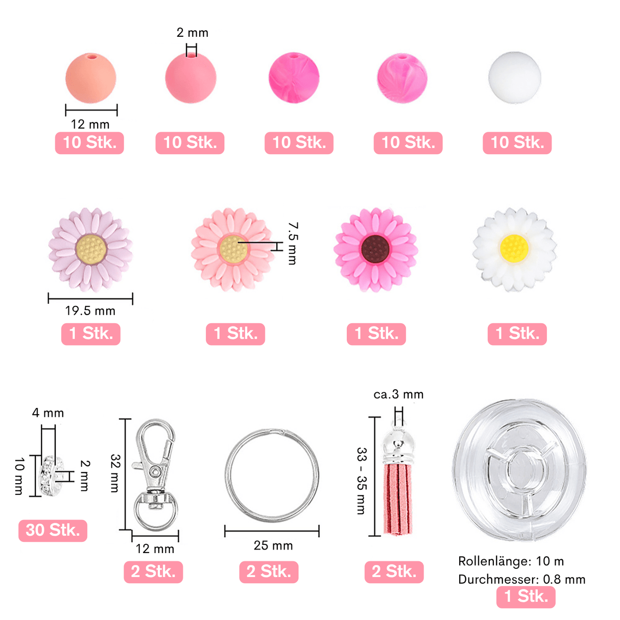 Schlüsselanhänger DIY-Set – Gänseblümchen, Hot Pink, 89-teilig + Faden - PerlineBeads SA