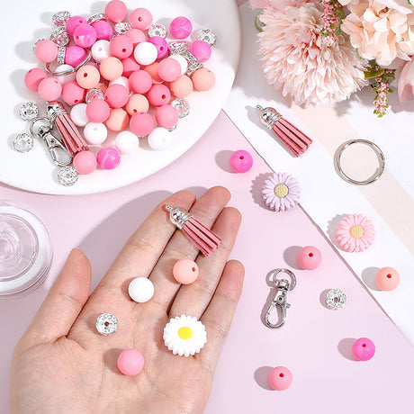 Schlüsselanhänger DIY-Set – Gänseblümchen, Hot Pink, 89-teilig + Faden - PerlineBeads SA
