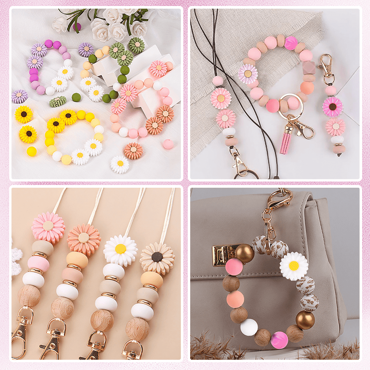 Schlüsselanhänger DIY-Set – Gänseblümchen, Hot Pink, 89-teilig + Faden - PerlineBeads SA