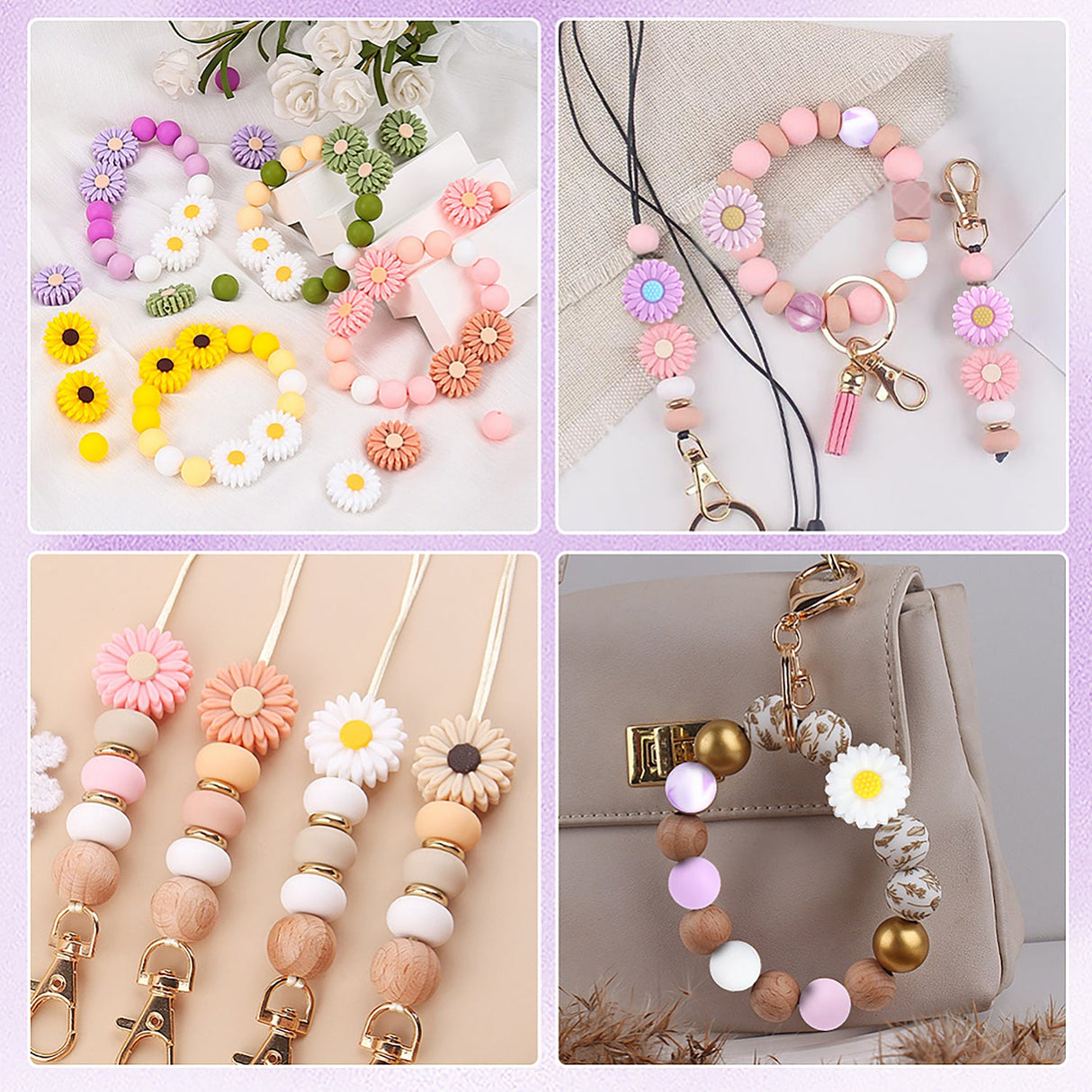 Schlüsselanhänger DIY-Set – Gänseblümchen, Pflaume, 89-teilig + Faden - PerlineBeads SA