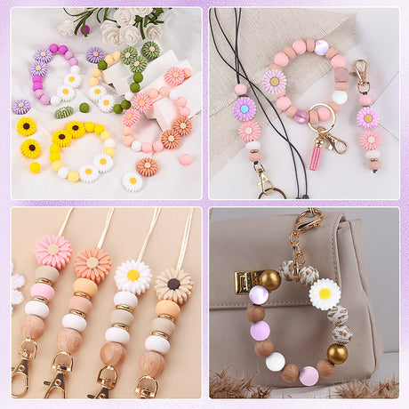 Schlüsselanhänger DIY-Set – Gänseblümchen, Pflaume, 89-teilig + Faden - PerlineBeads SA
