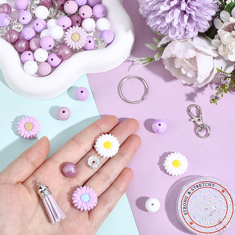 Schlüsselanhänger DIY-Set – Gänseblümchen, Pflaume, 89-teilig + Faden - PerlineBeads SA