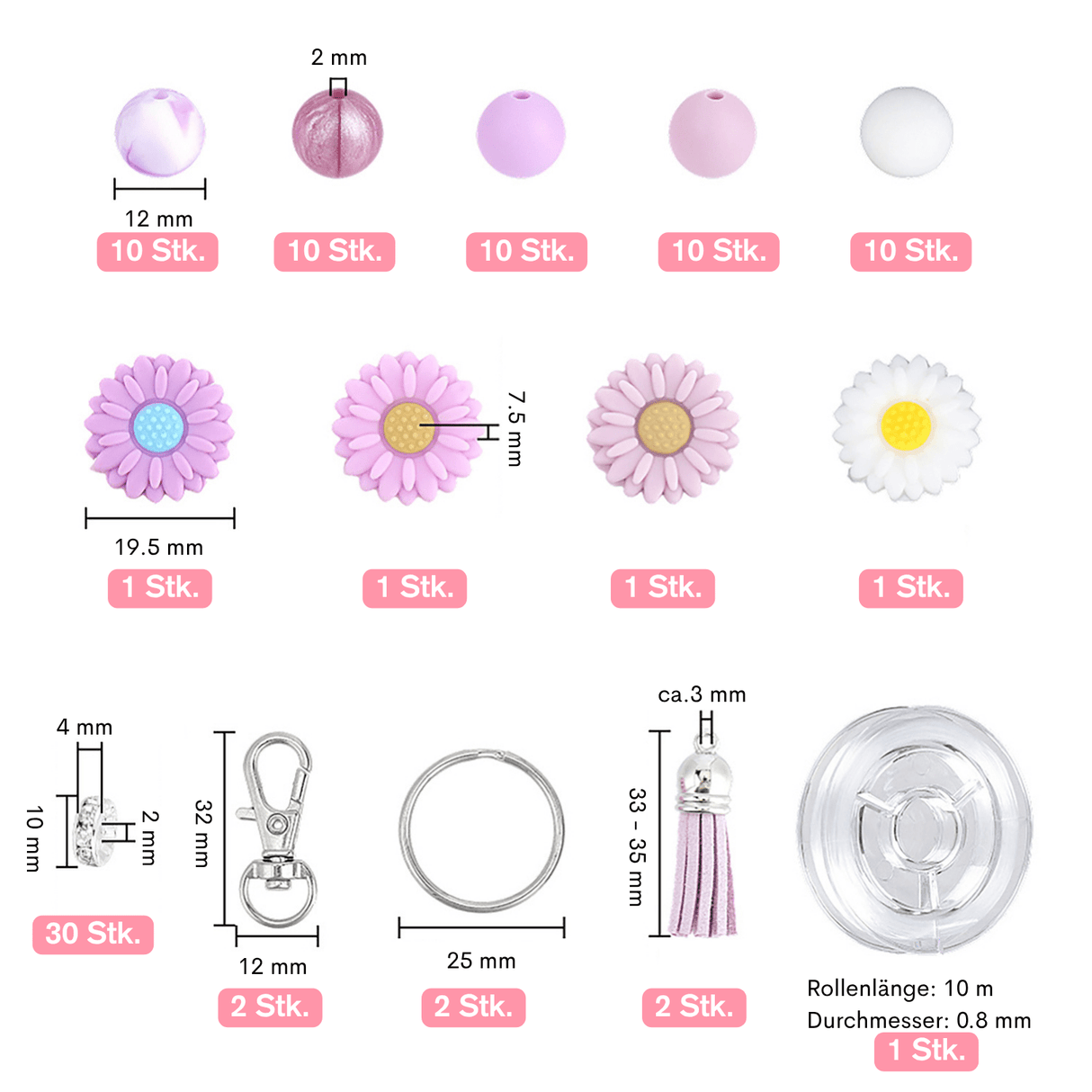 Schlüsselanhänger DIY-Set – Gänseblümchen, Pflaume, 89-teilig + Faden - PerlineBeads SA