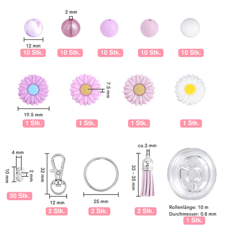 Schlüsselanhänger DIY-Set – Gänseblümchen, Pflaume, 89-teilig + Faden - PerlineBeads SA