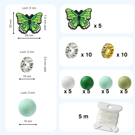 Schmetterling DIY Schmuck-Set Grün • Silikonperlen & Strass-Spacer • 45 Teile - PerlineBeads SA