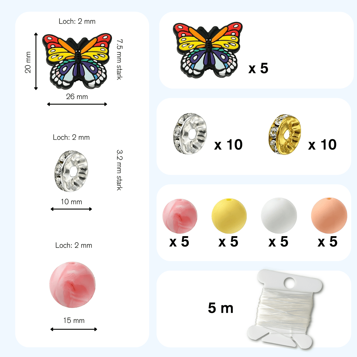 Schmetterling DIY Schmuck-Set • Silikonperlen & Strass-Spacer • 45 Teile - PerlineBeads SA