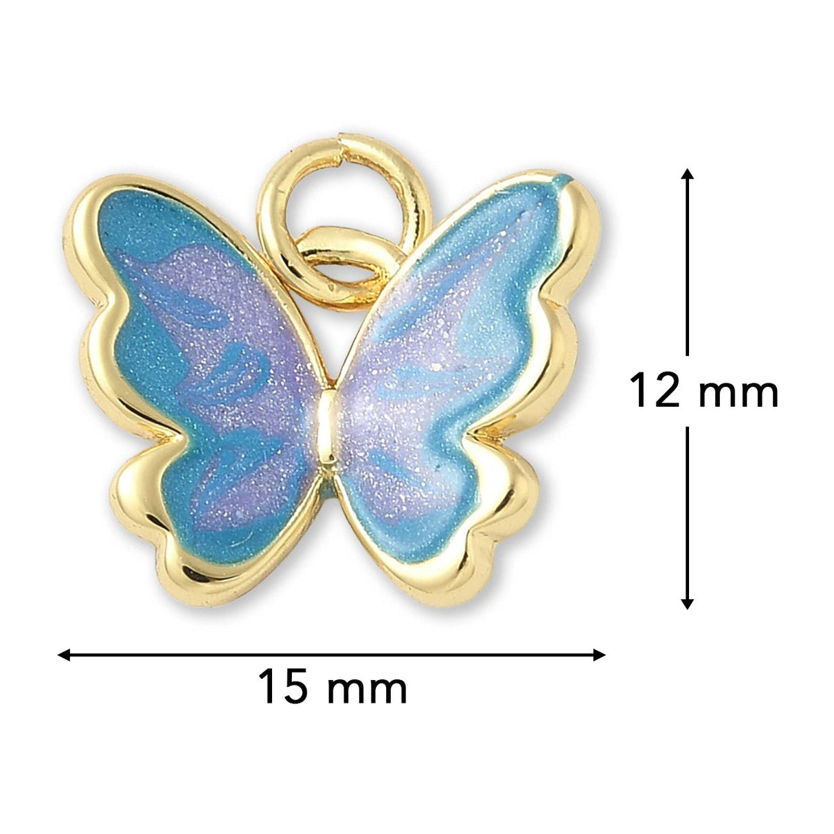 Schmetterlings-Anhänger Vergoldet • Blau-Lila Emaille mit Glitzereffekt • 15 x 12 mm - PerlineBeads SA