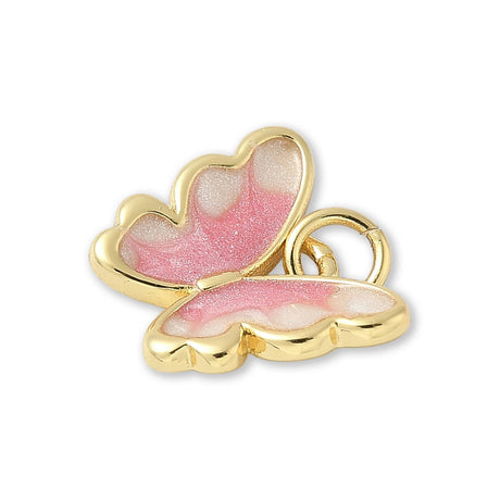 Schmetterlings-Anhänger Vergoldet • Rosa-Weiss Emaille mit Glitzereffekt • 15 x 12 mm - PerlineBeads SA