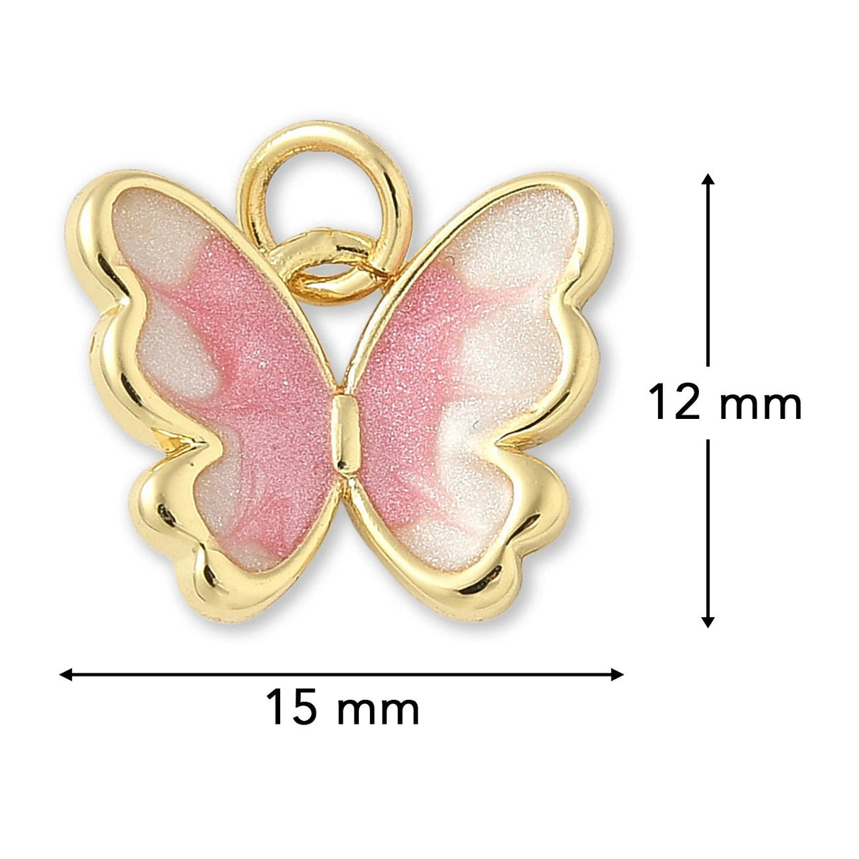 Schmetterlings-Anhänger Vergoldet • Rosa-Weiss Emaille mit Glitzereffekt • 15 x 12 mm - PerlineBeads SA