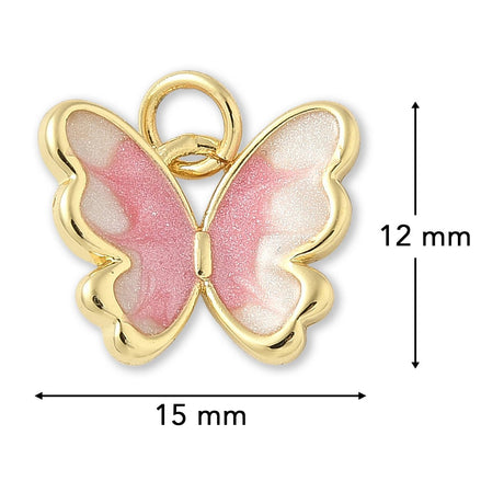 Schmetterlings-Anhänger Vergoldet • Rosa-Weiss Emaille mit Glitzereffekt • 15 x 12 mm - PerlineBeads SA