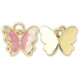 Schmetterlings-Anhänger Vergoldet • Rosa-Weiss Emaille mit Glitzereffekt • 15 x 12 mm - PerlineBeads SA