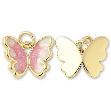 Schmetterlings-Anhänger Vergoldet • Rosa-Weiss Emaille mit Glitzereffekt • 15 x 12 mm - PerlineBeads SA