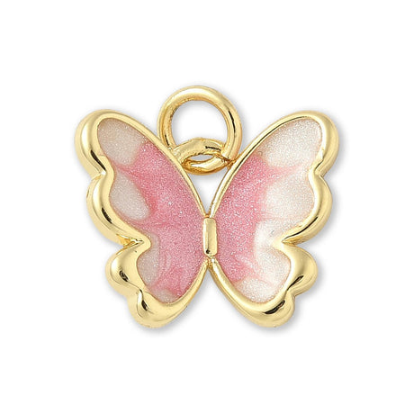 Schmetterlings-Anhänger Vergoldet • Rosa-Weiss Emaille mit Glitzereffekt • 15 x 12 mm - PerlineBeads SA