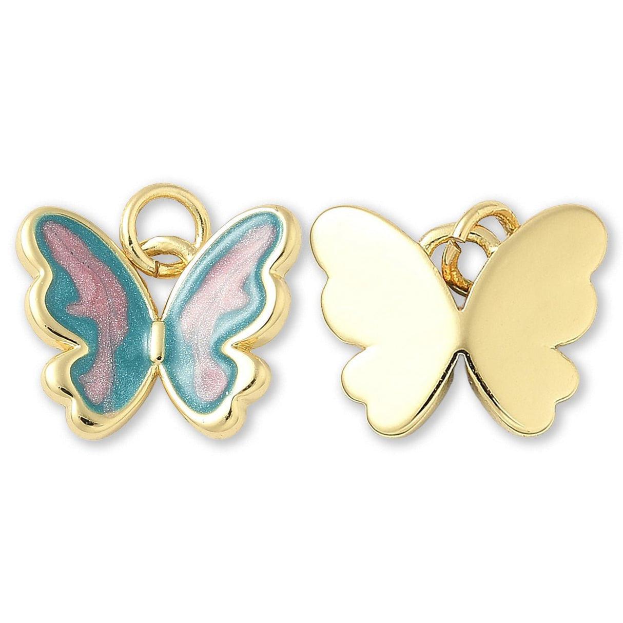 Schmetterlings-Anhänger Vergoldet • Türkis-Rosa Emaille mit Glitzereffekt • 15 x 12 mm - PerlineBeads SA