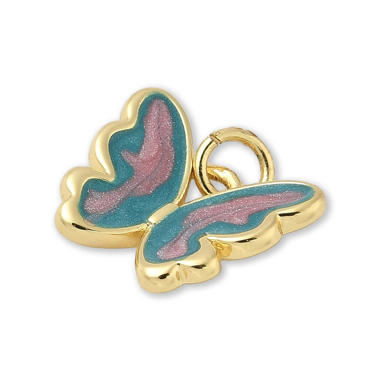 Schmetterlings-Anhänger Vergoldet • Türkis-Rosa Emaille mit Glitzereffekt • 15 x 12 mm - PerlineBeads SA