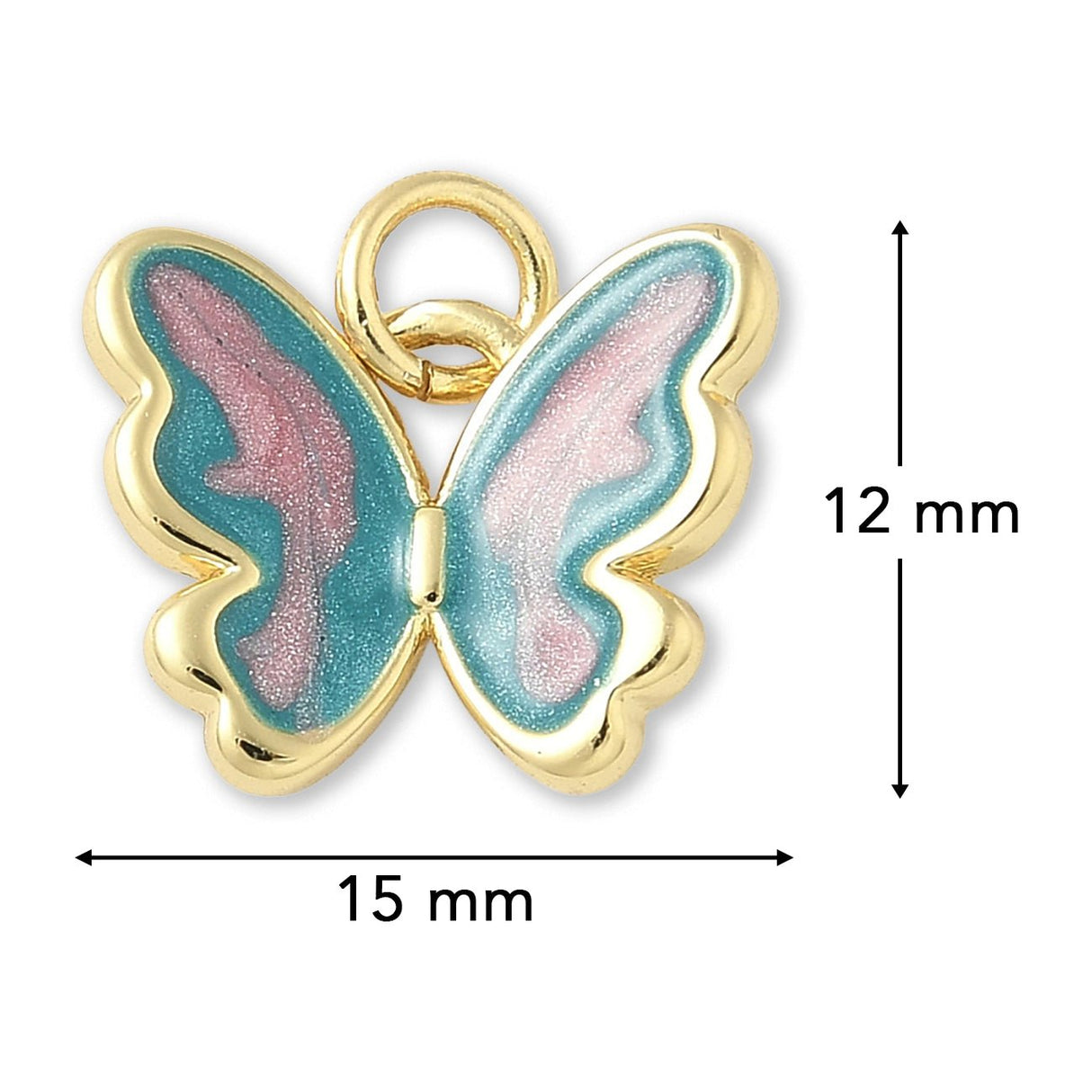 Schmetterlings-Anhänger Vergoldet • Türkis-Rosa Emaille mit Glitzereffekt • 15 x 12 mm - PerlineBeads SA