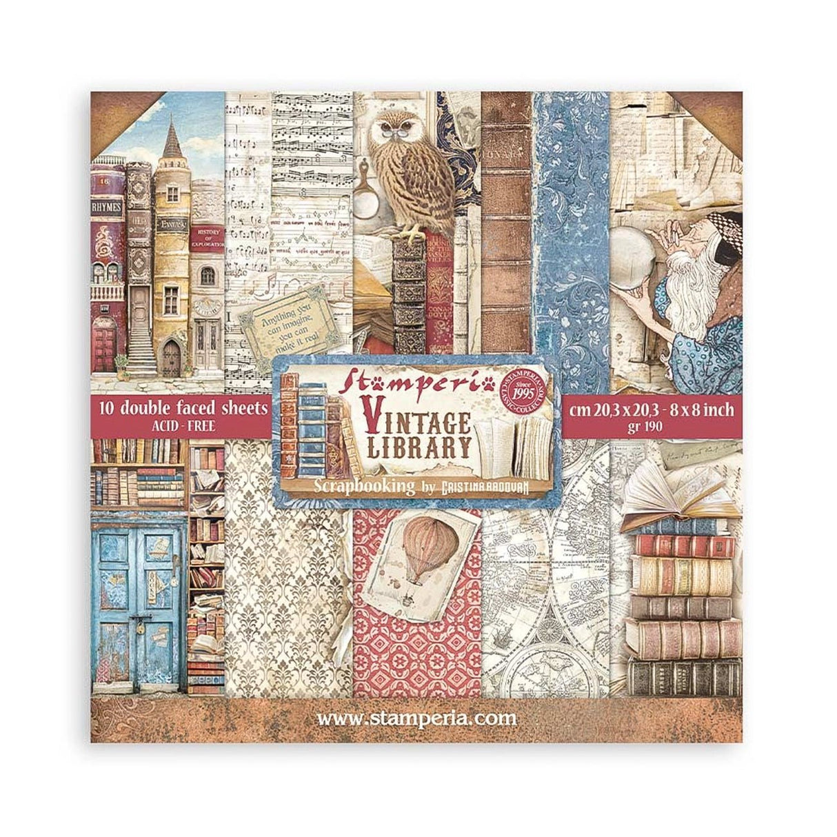 Scrapbook - Block "Vintage Library" - Double Face - 10 Seiten - 20,3 x 20,3 (8x8 inch) - PerlineBeads SA
