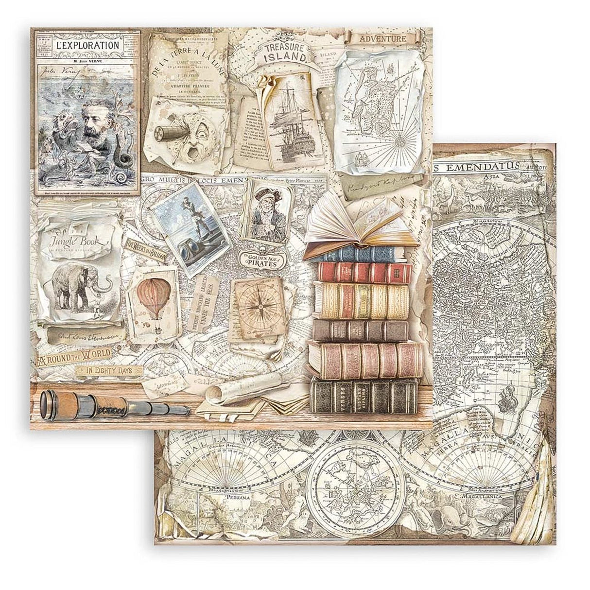 Scrapbook - Block "Vintage Library" - Double Face - 10 Seiten - 30,5 x 30,5 cm (12 x 12 inch) - PerlineBeads SA