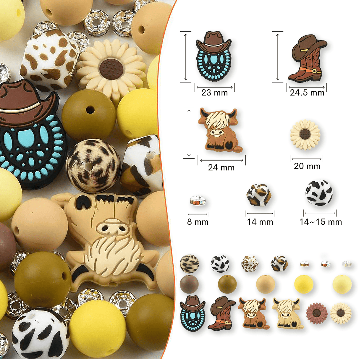 Silikon-Perlen Set • 50 Stück • 19 Cowboy-Motive - PerlineBeads SA