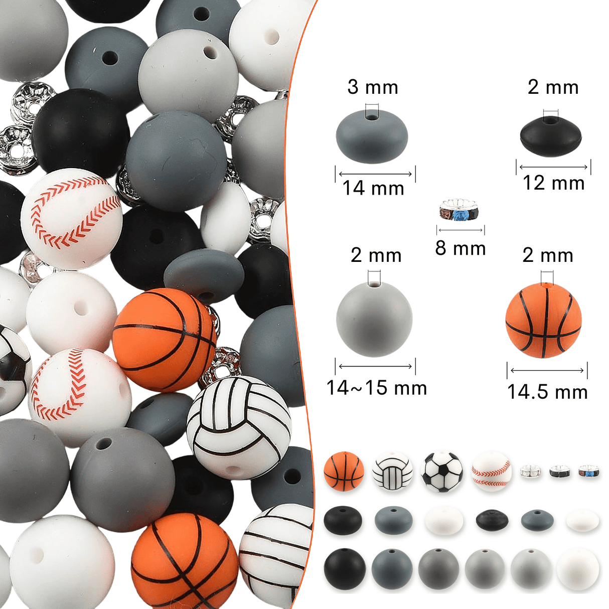 Silikon-Perlen Set • Sport-Motive • Fussball, Basketball, Volleyball & Baseball - PerlineBeads SA