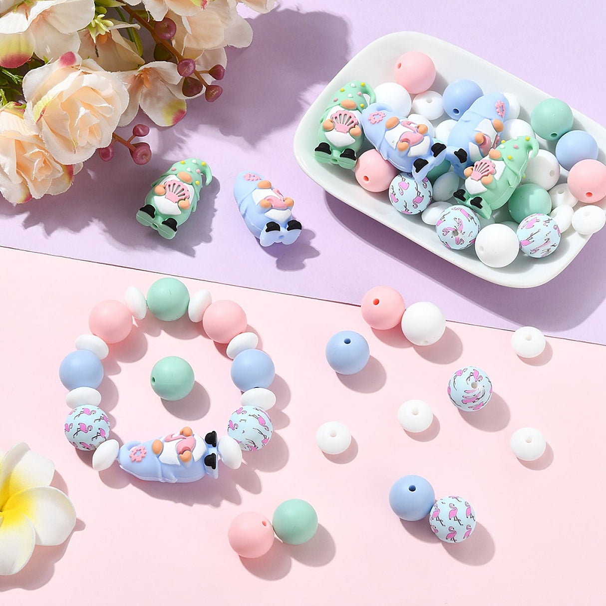 Sommerzwerge Perlenset – Flamingo & Muschel, 51-teilig - PerlineBeads SA