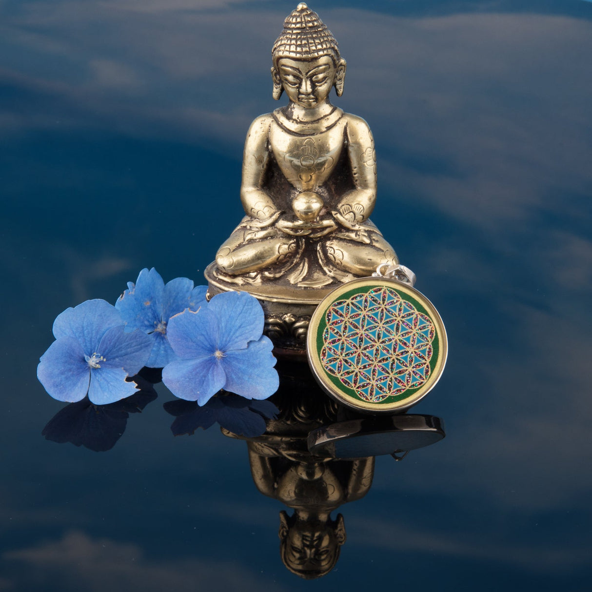 Anhänger Blume des Lebens, Silber mit Malachit - PerlineBeads