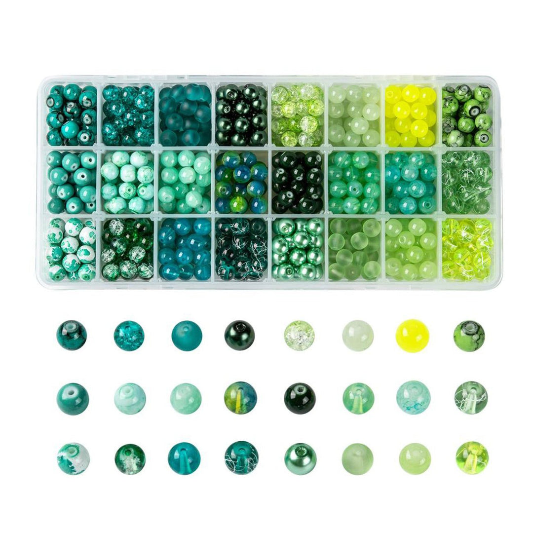 Box mit Sortiment von 24 runden Glasperlen 8 mm - Green mix - PerlineBeads
