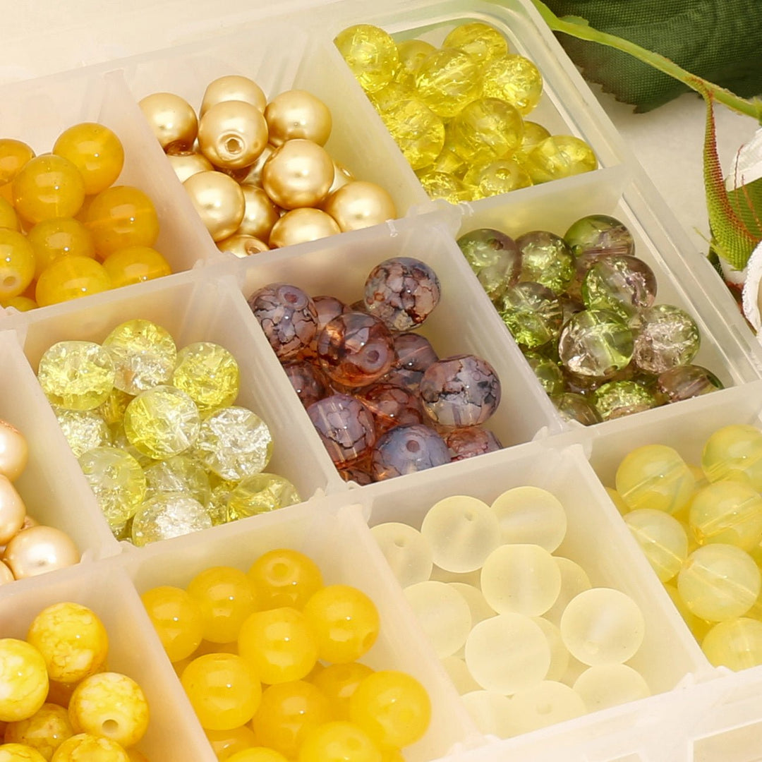 Box mit Sortiment von 24 runden Glasperlen 8 mm - Yellow mix - PerlineBeads
