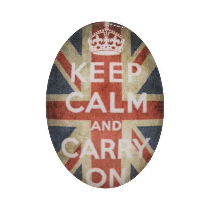Cabochon aus Glas, oval, 25 x 18 mm, Motiv “Keep Calm and Carry on” - PerlineBeads