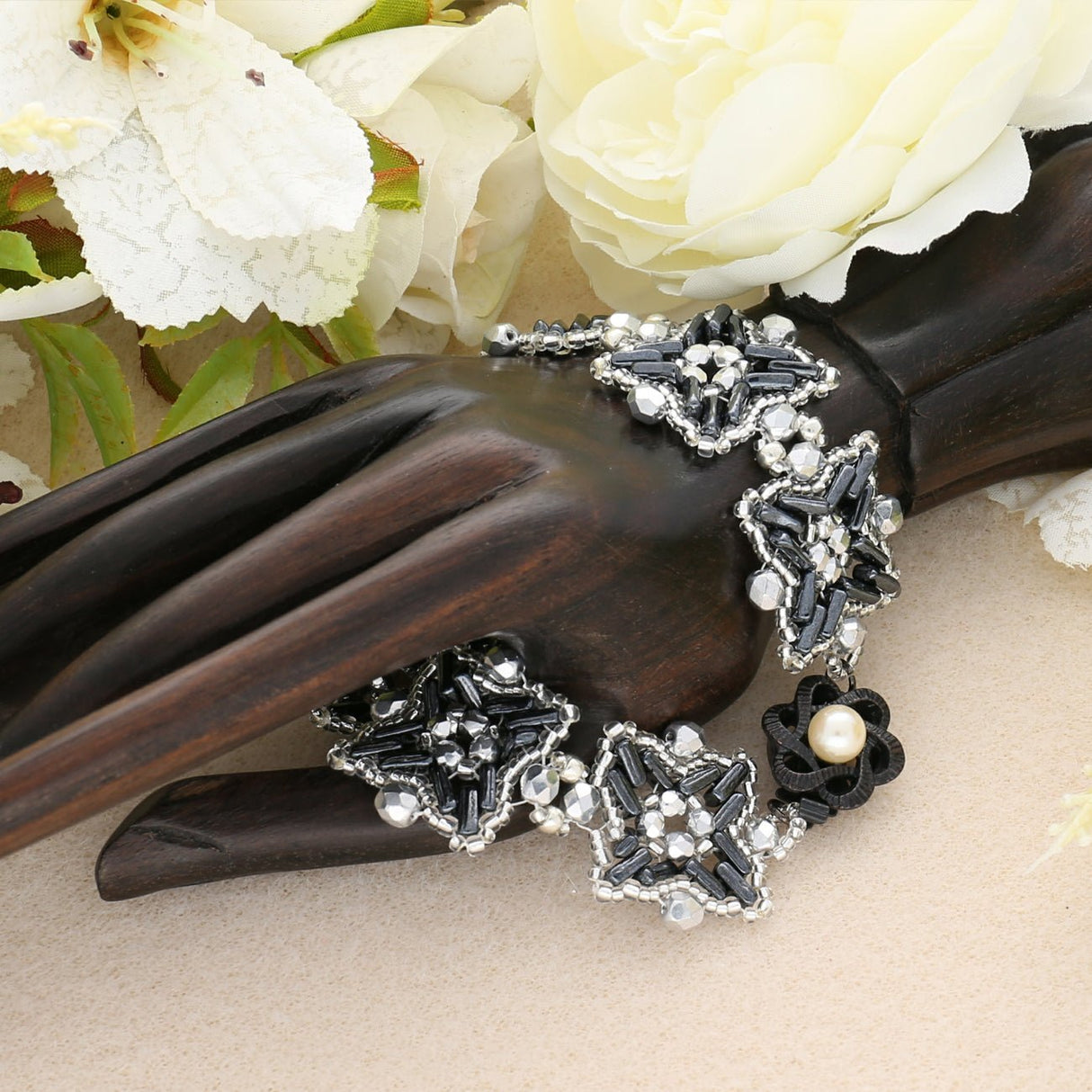 Federverschluss Blumenform – schwarz - PerlineBeads