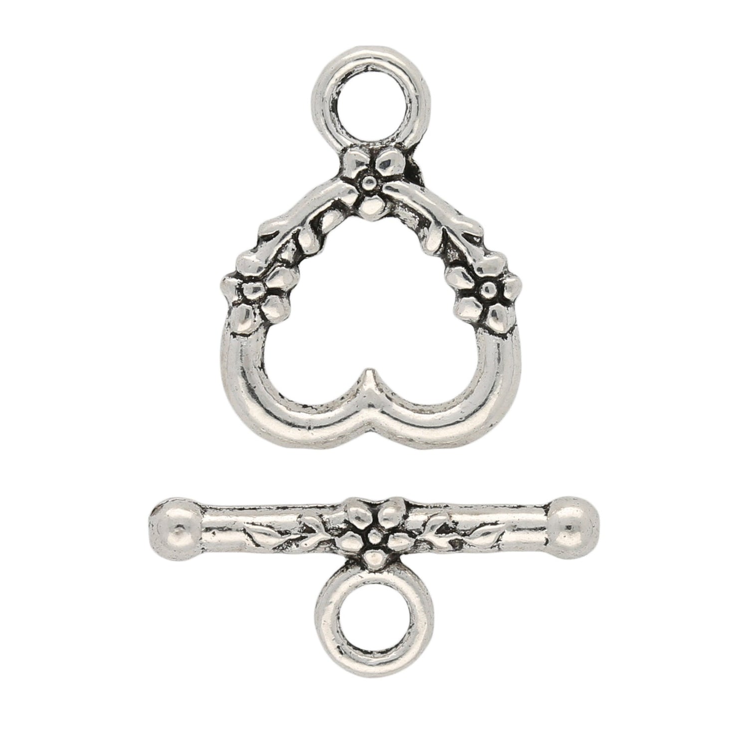 T-Bar-Verschluss Herzform mit Blumen - Farbe Silber - PerlineBeads